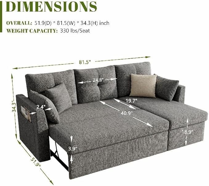 Huatean Home Sleeper Sofa Couch, 2 in 1 Sectional Sleeper Couch Bed with Side Pocket, Pullout Sofa Bed with Storage Chaise for Living Room, Dark Grey