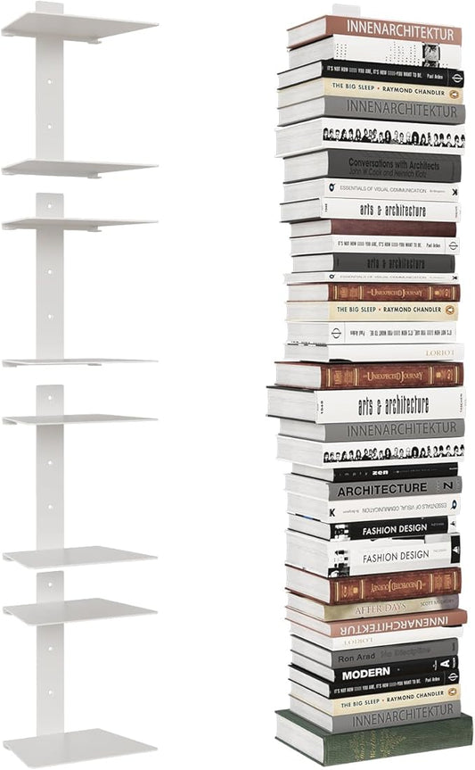 Wawocs Invisible Bookshelves for Wall, 8 Tier Floating Bookshelf Made of Heavy Duty Metal, Vertical Spine Book Tower Hanging Wall Bookshelf, Floating Book Shelves for Wall, 4 Pack White