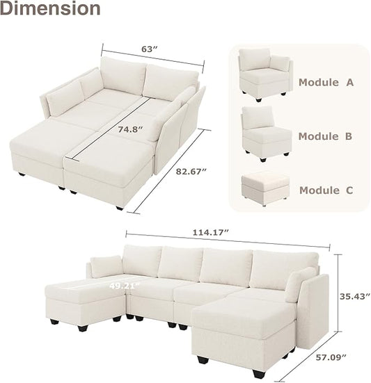 Huatean Home 114.17" Modular Sectional Sofa, 6 Seat Modular Couch with Storage, Memory Foam, Convertible Sectional Couches for Living Room, U Shaped Comfy Modular Sofa with Chaise, Beige
