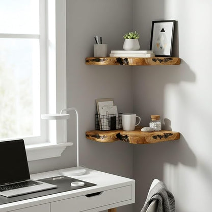 WELLAND Floating Corner Shelf Set of 2 Wall Mounted, 10.86 x 11.5 Inches for Living Room, Bedroom Bathroom, Rustic Space-Saving Corner Storage Shelf for Home Decor and Organization
