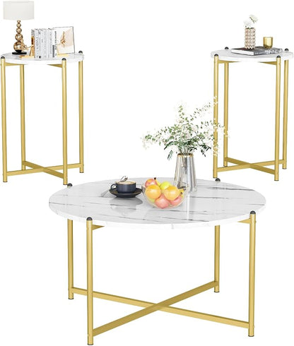 AWQM Faux Marble Coffee Table Set of 3, 1 Coffee Table & 2 Sofa Table, Round Tabletop and Metal Cross Base Frame,Perfect for Living Room Apartment, White