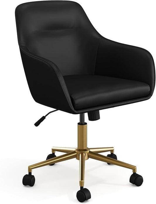Martha Stewart Rayna Swivel Task Chair with Flared Arms for Home Office in Black Faux Leather with Polished Brass Frame