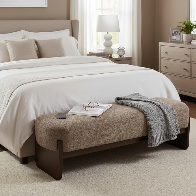 Virubi Elegant Upholstered Loop Yarn Ottoman, Light Brown End of Bed Entryway Benches, Corner Dining Bench Shoe Stool for Indoor Bedroom Living Dining Room (Light Brown)