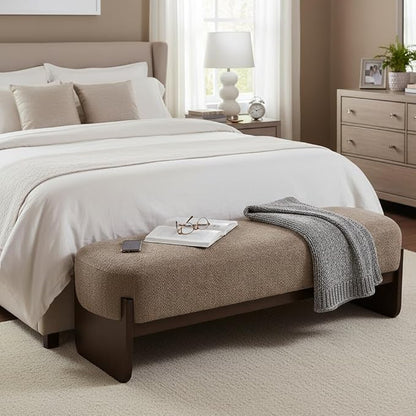 Virubi Elegant Upholstered Loop Yarn Ottoman, Light Brown End of Bed Entryway Benches, Corner Dining Bench Shoe Stool for Indoor Bedroom Living Dining Room (Light Brown)
