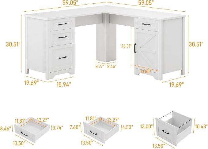 Halitaa 59" L Shaped Executive Desk, Farmhouse Home Office Desk with File Drawer,Storage Cabinet, Wood Corner Sturdy Writing Workstation.Cream White
