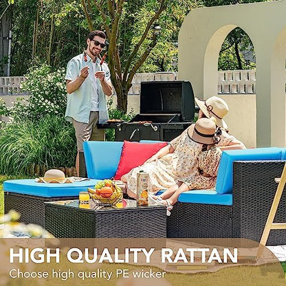 Devoko 5 Pieces Patio Furniture Sets All Weather Outdoor Sectional Patio Sofa Manual Weaving Wicker Rattan Patio Seating Sofas with Cushion and Glass Table (Blue)