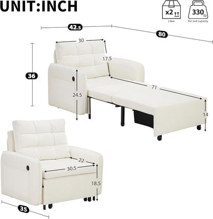 ERYE Modern Foldable Chair Sofa Convertible Pull Out Sleeper Sofabed,Single Seat Tufted Upholstered Sofa Convertible Chaise Lounge Bed with USB-Ports and Side Pockets