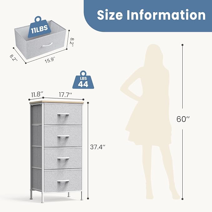 DUMOS Nightstand with 4 Drawers Bedside Table with Removable Fabric Bins Sturdy Steel Frame Wood Top Organizer Grey Nightstand for Bedroom Closet Living Room,Light Gray