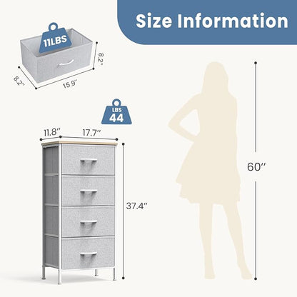 DUMOS Nightstand with 4 Drawers Bedside Table with Removable Fabric Bins Sturdy Steel Frame Wood Top Organizer Grey Nightstand for Bedroom Closet Living Room,Light Gray