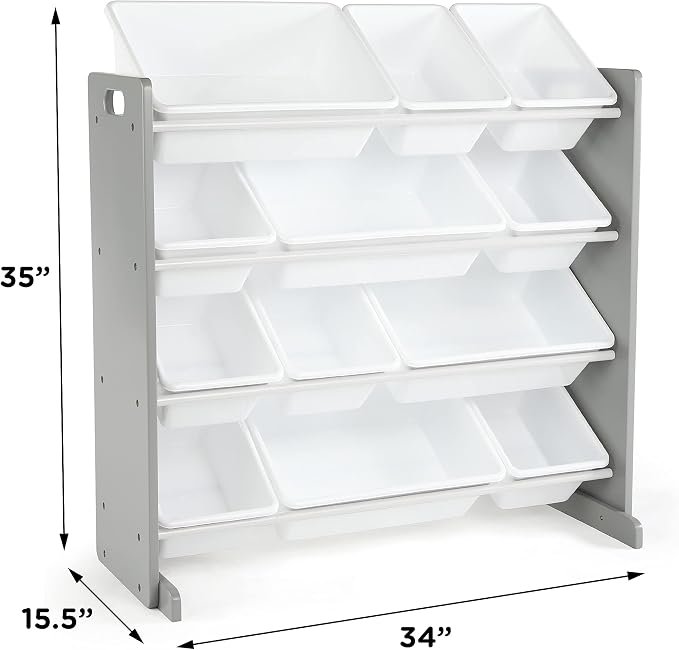 Humble Crew Toy Storage Organizer with 12 Removable Storage Bins for Kids Playroom, 4-Tier Toddler Toy Organization, Grey/White
