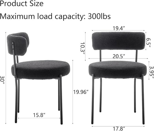 Cinxzar Black Boucle Dining Chairs Set of 4, Upholstered Dining Chairs with Black Metal Legs, Round Modern Dining Chair for Dining Room