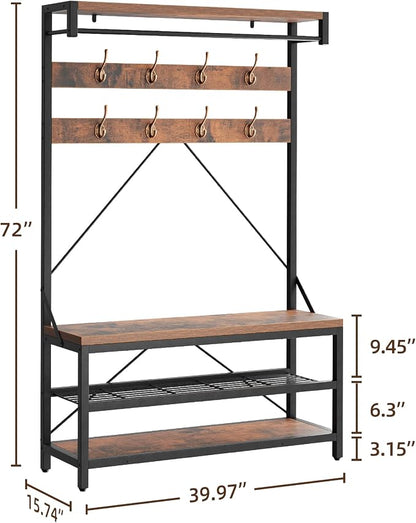 Amyove Large Coat Rack Shoe Bench Hall Tree Shoe Rack for Entryway 3-Tier Storage Shelf and Hooks Removable Industrial Accent Furniture Metal Frame 39.9"x15.7"x72"