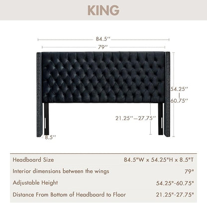 Madison Park King Wingback Upholstered Tufted Headboard, Featuring High-Density Sponge Padding, Adjustable Height Headboard, Easy Assembly, Black Velvet