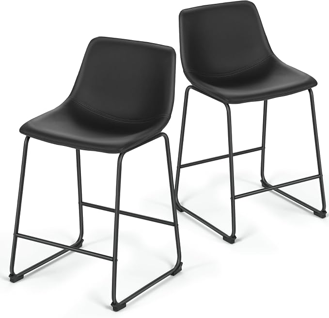 Athena Collection 23'' Counter Height Bar Stools Bar Chairs Set of 2 Modern PU Leather Bucket Chairs with Back Soft Foam Filled Metal Frame Bar Stools with Footrest for Pub, Bistro, Kitchen, Black