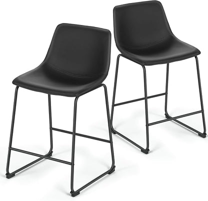 Athena Collection 23'' Counter Height Bar Stools Bar Chairs Set of 2 Modern PU Leather Bucket Chairs with Back Soft Foam Filled Metal Frame Bar Stools with Footrest for Pub, Bistro, Kitchen, Black