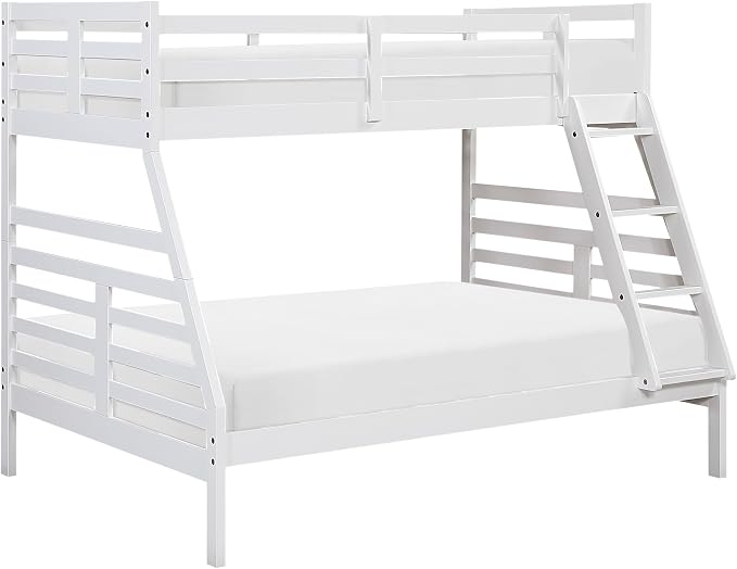 Lexicon Bunk Bed Twin Over Full, Wooden Bed Frame with Sturdy Ladder and Safety Guard Rails, Modern Space-Saving Design, for Bedroom/Guest Room, No Box Spring Needed, White