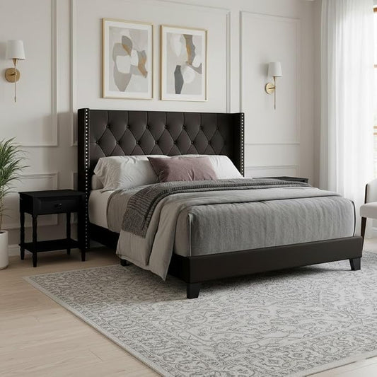 HOME DESIGN Homer Queen Tufted Wingback Upholstered Panel Bed with 2 Matching 1 Drawer Nightstands, Bedroom Furniture Set with Open Shelf Storage, Black Black
