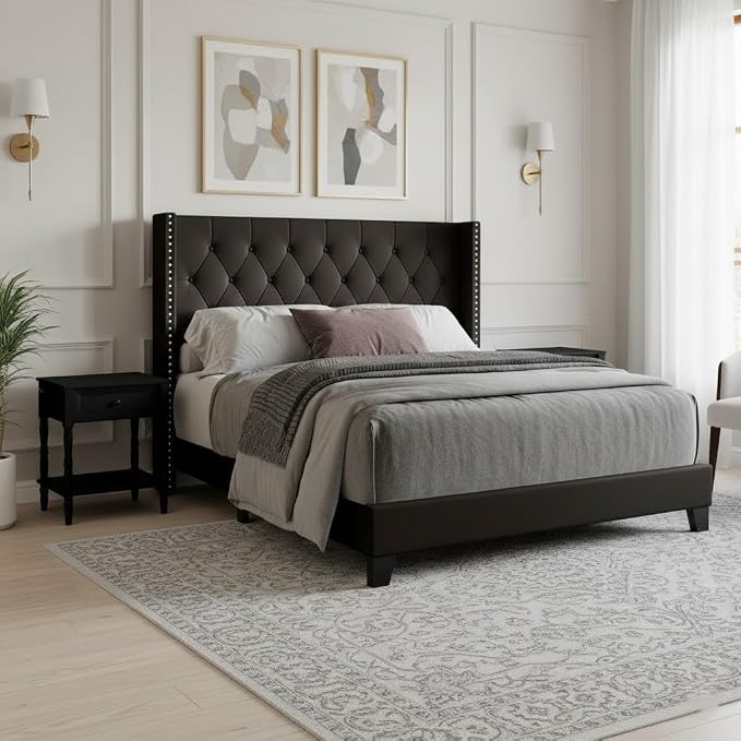HOME DESIGN Homer Full Tufted Wingback Upholstered Panel Bed with 2 Matching 1 Drawer Nightstands, Bedroom Furniture Set with Open Shelf Storage, Black Black