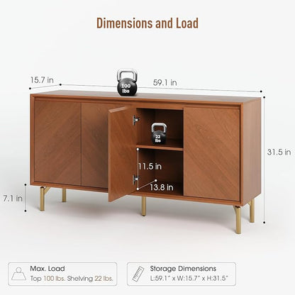 JOINICE 59" Sideboard Buffet Cabinet with Storage for Dining Room,Walnut | Adjustable Shelf,Versatile Credenza for Dining Room,Metal Legs, Living, Kitchen Coffee Bar and Entryway Console