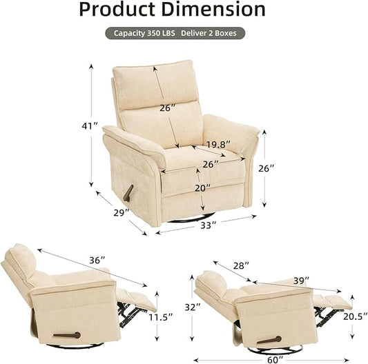 Oversized Recliner Chair, 26" Extra Wide 360° Swivel Rocker Recliner with Adjustable Headrest, Chenille Glider Rocking Nursery Chair with Overstuffed Armrest, Lumbar Support, Beige