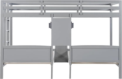 VilroCaz Twin Over Twin & Twin Bunk Bed with Built-in Desk and Storage Shelves, 3 Beds in 1 Design Solid Wood Triple Bunk Bed with Reading Lamp and Guardrails for Kids Teens Aldults (Gray-2.14)
