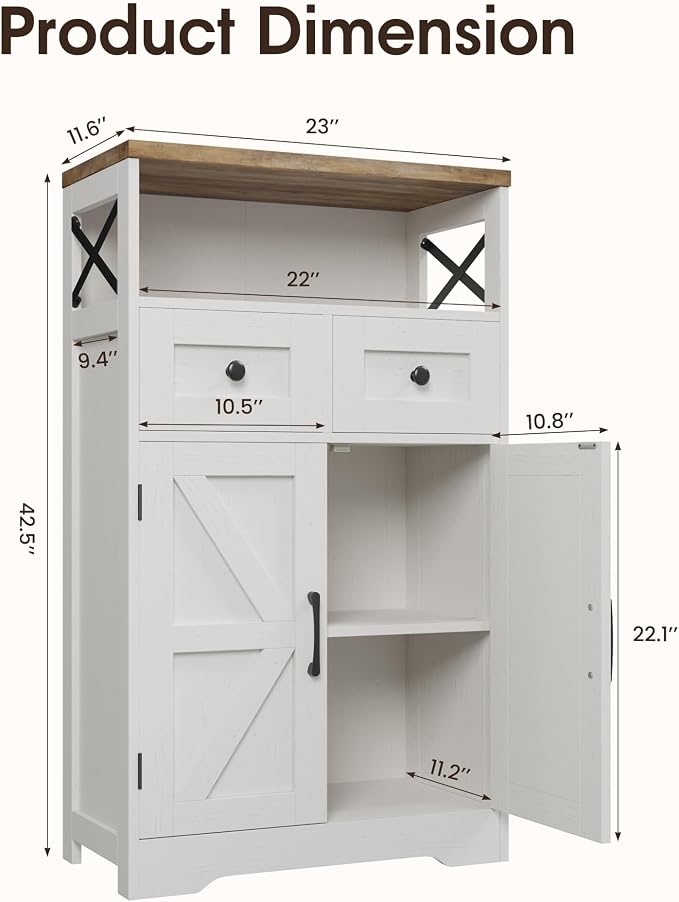 Befrases Set of 2 Farmhouse Storage Cabinet with Barn Doors and Drawers, Freestanding Kitchen Pantry, Floor Storage Cabinet Hutch Cupboard for Kitchen, Laundry, Living Room, White
