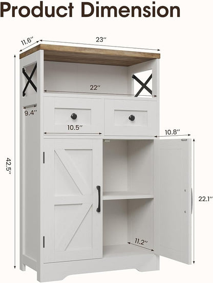Befrases Set of 2 Farmhouse Storage Cabinet with Barn Doors and Drawers, Freestanding Kitchen Pantry, Floor Storage Cabinet Hutch Cupboard for Kitchen, Laundry, Living Room, White