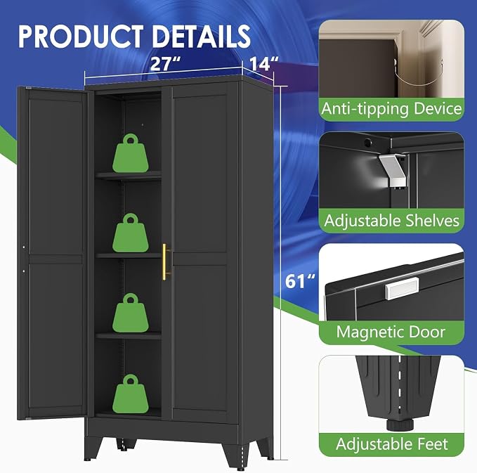61" Metal Garage Storage Cabinet with 2 Doors and 3 Adjustable Shelves,Metal Storage Cabinets,Steel Tool Cabinets for Home,Office,Garage,Warehouse (Black, 61''H x 27''W x 14''D)