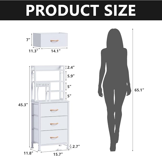 Furnulem Tall Nightstand with LED Lights and 3 Tier Shelves, Night Stand with 3 Fabric Drawers, 45.3inch Tall Bedside Tables with USB Ports and Outlets in Bedroom, Dorm, Office (White)