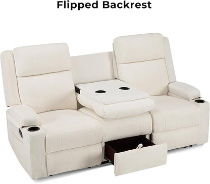 GUEAPY Large Manual Reclining Sofa 3-Seater Chenille Reclining Couch with Cup Holders, Wide Seat, Easy Assembly & Spill-Resistant Fabric Cozy Reclining Sofa for Living Room, Apartment, RV, Beige