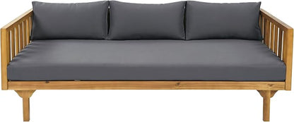 Christopher Knight Home Claremont Outdoor 3 Seater Acacia Wood Daybed with Fabric Water Resistant and Removable Cushions, Patio Garden Sofa with Slat Paneling Armrest and Back, Teak and Dark Grey