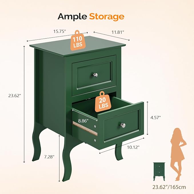 Bonnlo Green Nightstand with Drawers for Bedroom, Green Night Stand Bedside Table for Small Spaces, Kids Room, Living Room, Dorm, French, 15.75" W x 11.8" D x 23.6" H