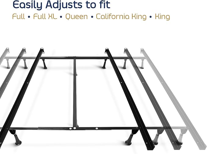 Clara Clark Adjustable Bed Frame - Double Bed Frame Expands to Queen Bed Rails, King Size Frame with Cross Rail and Center Support - 5.25” H Under Bed Frame for Box Spring and Mattress, Black