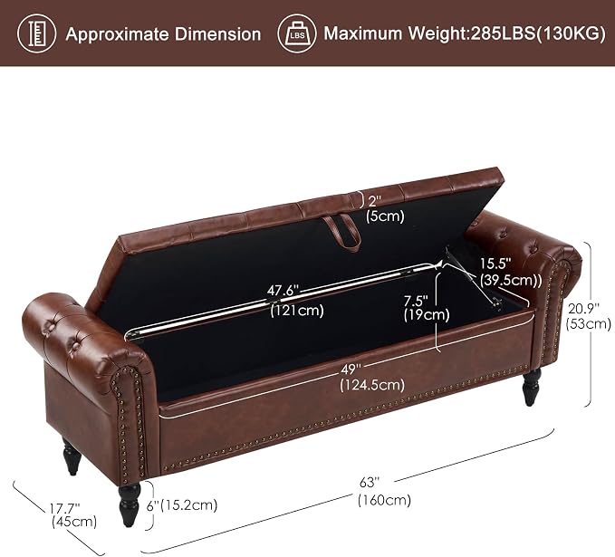 Furniliving 63” End of Bed Storage Bench, Bedroom Bench with Button-Tufted, Upholstered Storage Ottoman Benches Window Bench with Storage, Leather Bench for Living Room, Entryway, PU, Darkbrown
