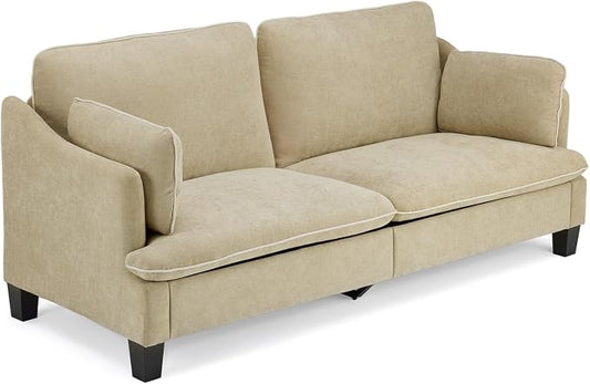 VINGLI 84" Extra Deep Seat Sofa Couch, 3 Seater Upholstered Living Room Couches with 2 Piped Seater Cushions, Throw Pillows, Modern Linen Velvet Fabric Sofa for Apartment Bedroom Office
