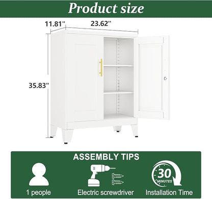White Metal Storage Cabinet, 36" Tall Locking Storage Cabinet, 12”D | with 2 Adjustable Shelves, Steel Locker Organizer, Metal Freestanding Buffet Cupboards Sideboard for Office, Home, School,2PS