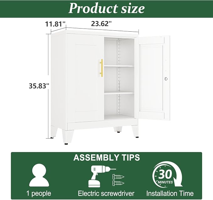 White Metal Storage Cabinet, 36" Tall Locking Storage Cabinet with 2 Adjustable Shelves, Steel Locker Organizer, for Office, Home, School, 11.81" D x 23.62" W x 35.83" H