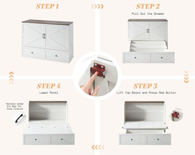 AMERLIFE Queen Murphy Bed with Storage & Charging Station, Farmhouse Murphy Cabinet with Foldable Panel, Noisy Free, for Guest Bedroom, Living Room, Office, Distressed White