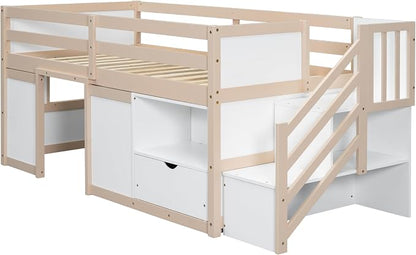 Bellemave Twin Size Low loft Bed for Kids,Wood Loft Beds,Modern Farmhouse Twin loft Bed,Loft Bed with Desk and Storage, No Box Spring Needed,for Kids, Cream White and Natural