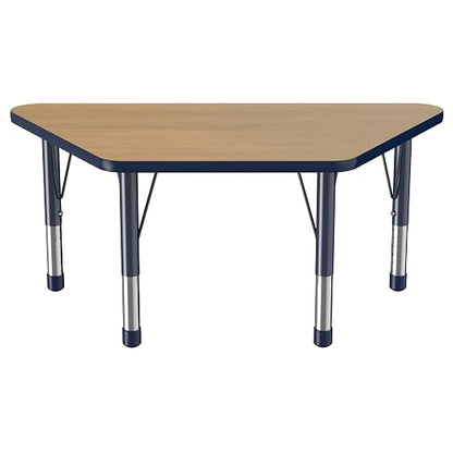 Factory Direct Partners FDP Trapezoid (24 x 48 inch) Classroom Table with Adjustable Chunky Toddler Legs (15-24 in) Preschool, Kinder and Daycare Furniture - Pasadena Oak Top/Navy Edge and Legs