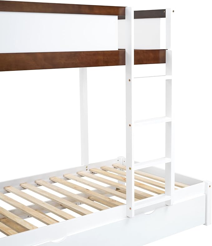 Ball & Cast Twin-Over-Twin Bunk Bed with Twin Size Trundle,Solid Wood Bedframe W/Desk & Drawers,USB,Space Saving,Easy Assembly,Multifunctional Bedroom Furniture Set for Boys Girls Teens,White+Walnut