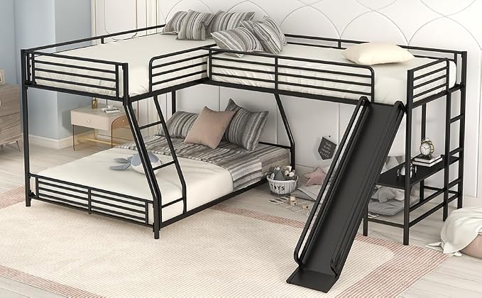 Flieks L-Shaped Twin Over Full Bunk Bed with Twin Size Loft Bed,Built-in Desk and Slide,Black
