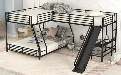 Flieks L-Shaped Twin Over Full Bunk Bed with Twin Size Loft Bed,Built-in Desk and Slide,Black