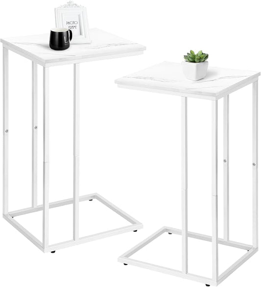 Possile C Shaped End Table Set of 2 for Sofa and Bed, Slide Under Couch Tables, Side Table With Faux Marble Top, Small Under Table Tray for Living Room, Bedroom, White