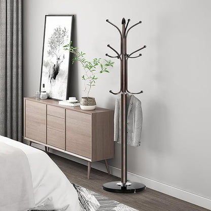 Kertnic Freestanding Coat Rack Stand, Heavy Duty Metal Hall Tree with 12 Hooks, 70 Inch Tall Stable Coat Hanger with 14.6" Natural Marble Base, Entryway Organizer for Coats Bags Hats Purses (Bronze)