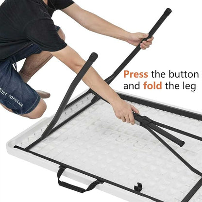 Amazon Basics Heavy Duty Portable Folding Table, 6 ft, Indoor & Outdoor, Fold-in-Half Design with Carrying Handle, White | Portable