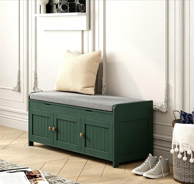 HOMEFORT 41.3" Shoe Bench with Lift Top Storage, Entryway Bench with Cushioned Seat, Wooden End of Bed Bench, Shoe Cabinet Bench with Hidden Storage Space, for Bedroom, Hallway,Green