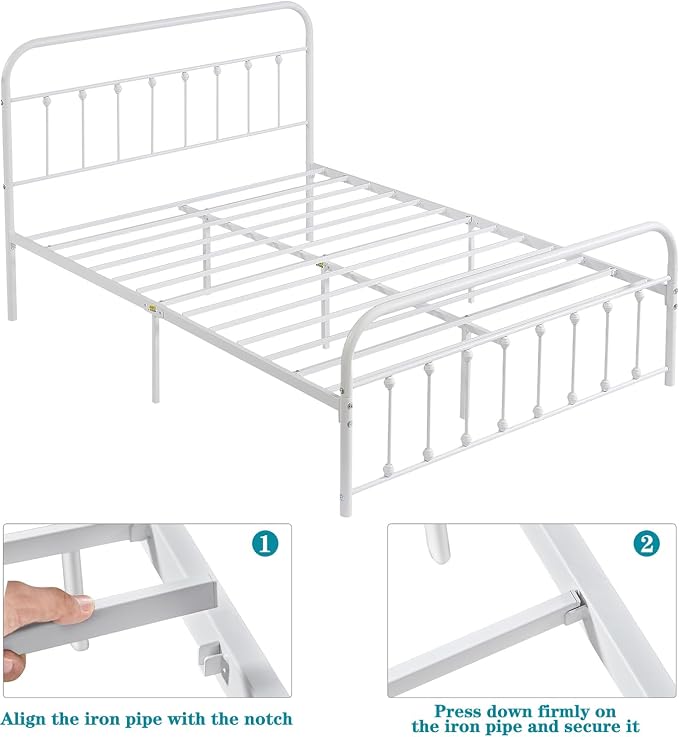 VECELO Classic White Victorian Style Metal Bed Frame with Headboard and Footboard Under Bed Storage No Box Spring Needed Strong Slat Suppor Bed Frame Full Size
