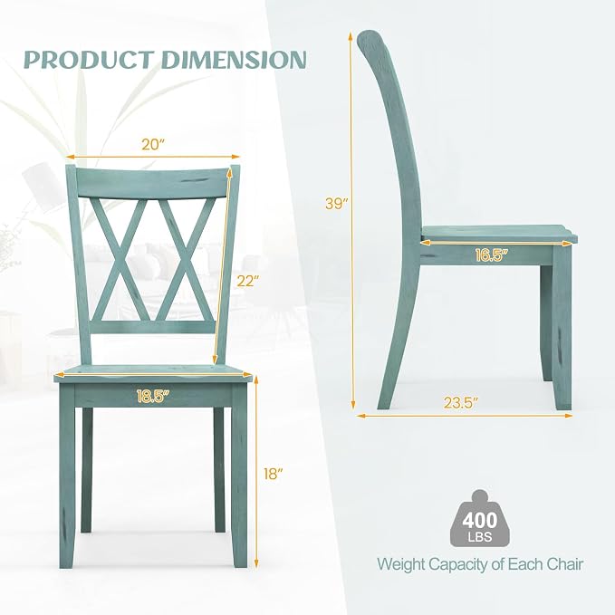 SIMOE Set of 2 Wooden Dining Chairs, Mid Century Farmhouse Kitchen Chairs, Solid Rubberwood Armless Side Chairs with High Back, Ergonomic Seats for Dining Room Living Room, Green