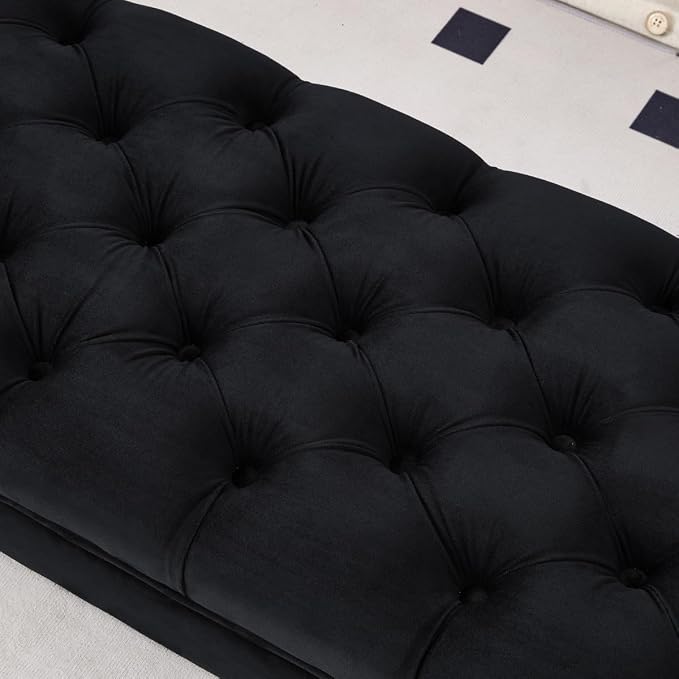 24KF Velvet Upholstered Buttons Tufted Entryway Bench with Solid Wood Leg,Bed Bench Ottoman with Padded Seat,5061N-Black